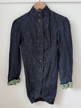 CHULO PONY Y2K Raw Denim Asymmetrical Corset Jacket Green Polka Dot Trim XS